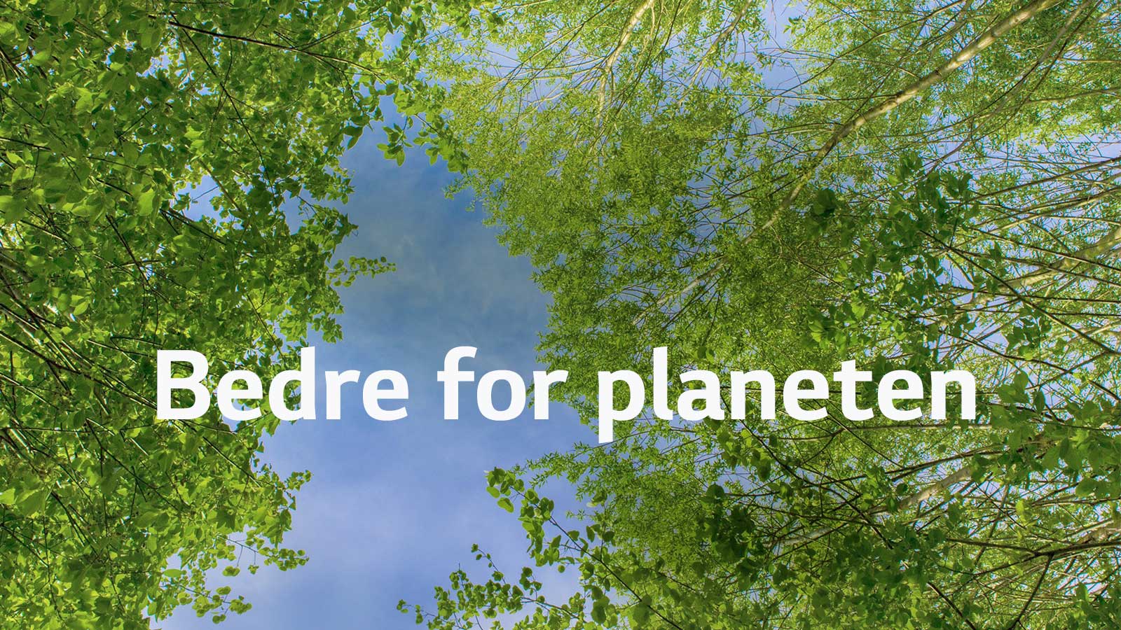 Et grønt bilde fullt av frodige løvtrær og en himmel som vises imellom. Hovedkopien sier "bedre for planeten" i fet skrift