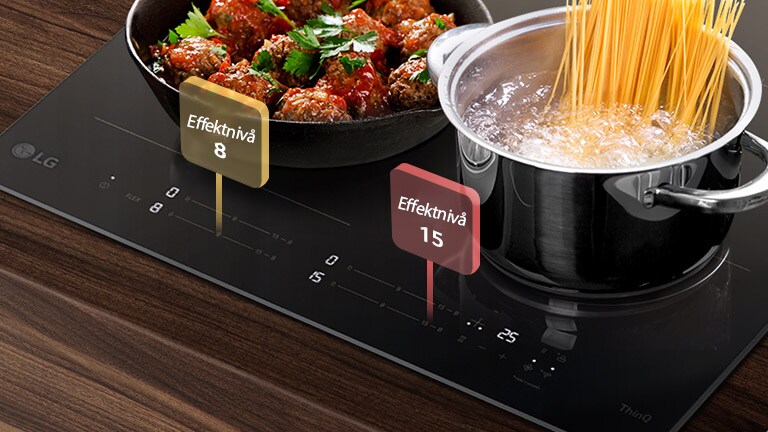 Dette er et bilde av hver kokesone på Induksjonsplatetoppen satt til forskjellige effektnivåer.