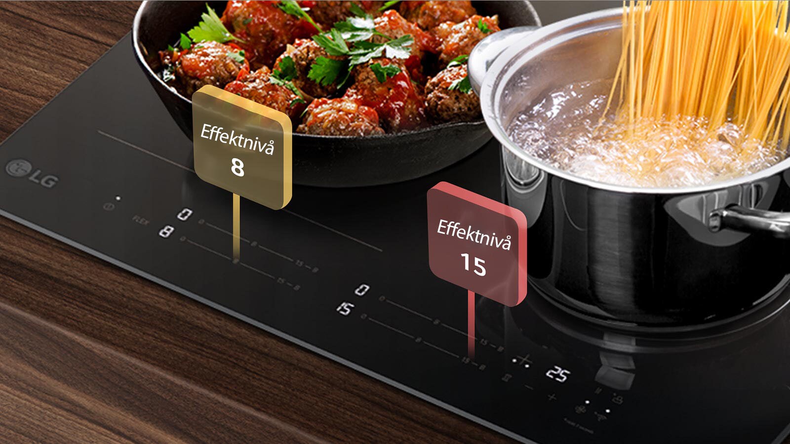 Dette er et bilde av hver kokesone på Induksjonsplatetoppen satt til forskjellige effektnivåer.