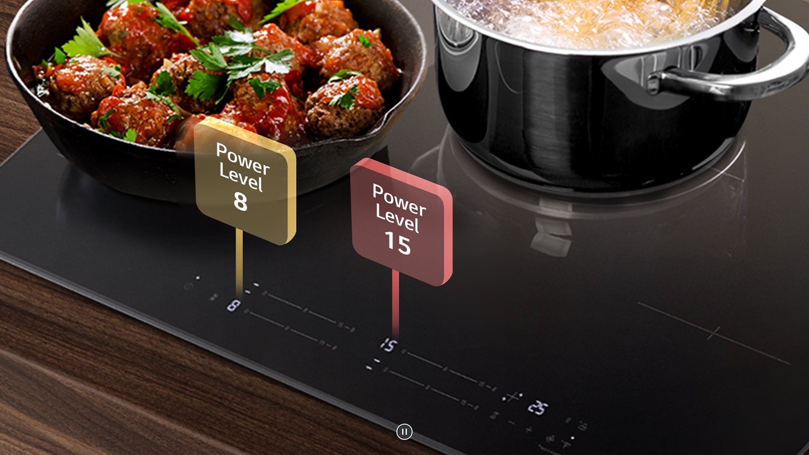 Hver brenner i Induksjonsplatetoppen settes til et annet nivå av ildkraft.