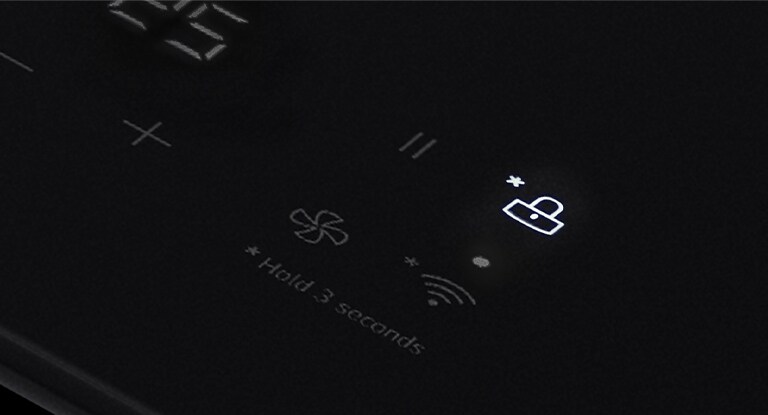 Dette er et nærbilde av LED-lyset «Barnesikringsikon» som kan stilles inn for å forhindre at Induksjonsplatetoppens kontrollpanel berøres.