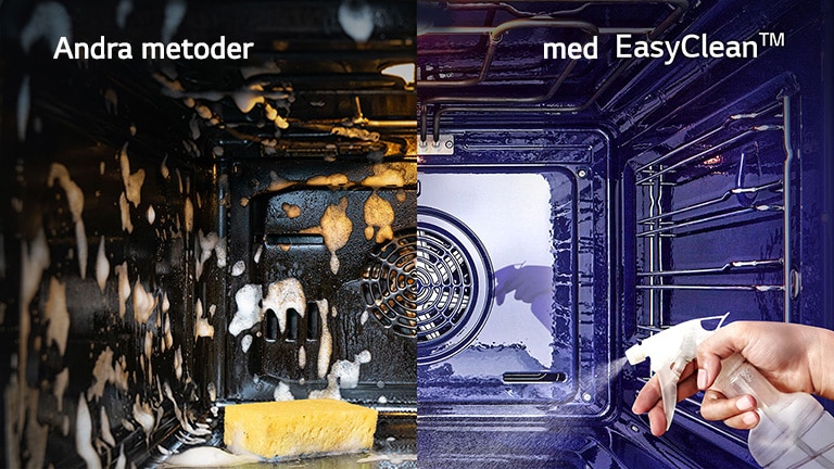 Som et delt bilde viser det venstre bildet innsiden av den boblende ovnen og det høyre bildet viser damp som kommer ut av innsiden av ovnen.