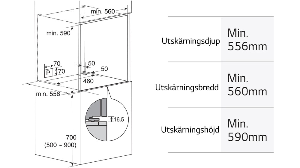 Dette bildet viser dimensjonene til ovnen.