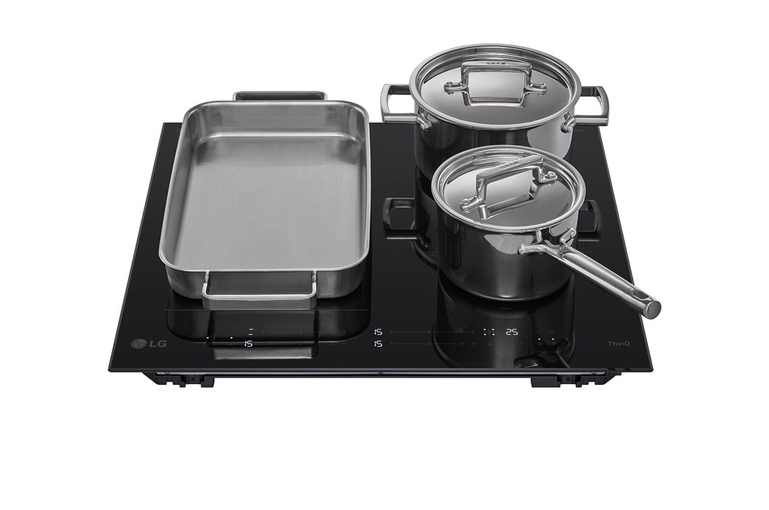 LG Induksjonstopp 59 cm med én Flex-sone, to vanlige soner og Boost-funksjon, Μπροστινή όψη με σκεύη μαγειρικής, CBIZ2435B, thumbnail 3