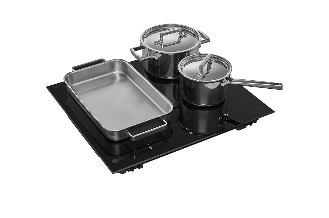 LG Induksjonstopp 59 cm med én Flex-sone, to vanlige soner og Boost-funksjon, right view with cookware, CBIZ2435B, thumbnail 9