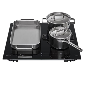 LG Induksjonstopp 59 cm med én Flex-sone, to vanlige soner og Boost-funksjon, Μπροστινή όψη με σκεύη μαγειρικής, CBIZ2435B, thumbnail 3