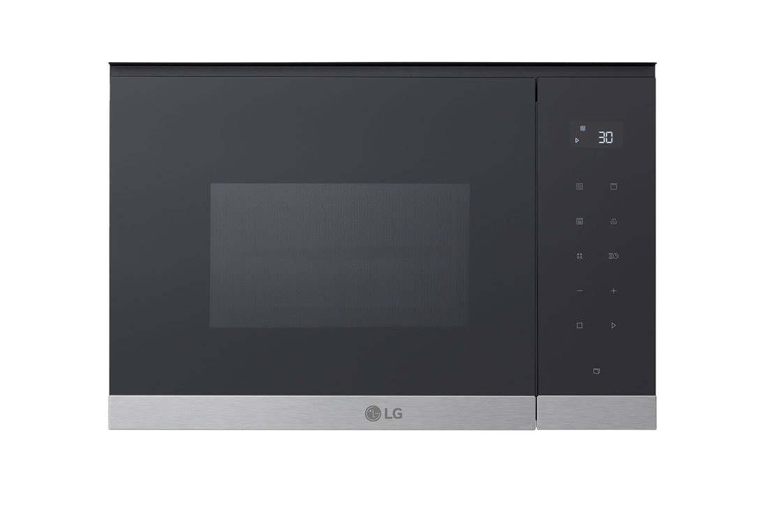 LG 25 liter integrert mikrobølgeovn i rustfritt stål med Auto-Cook og grillfunksjon, 900 W, Front, MG7Z2593D