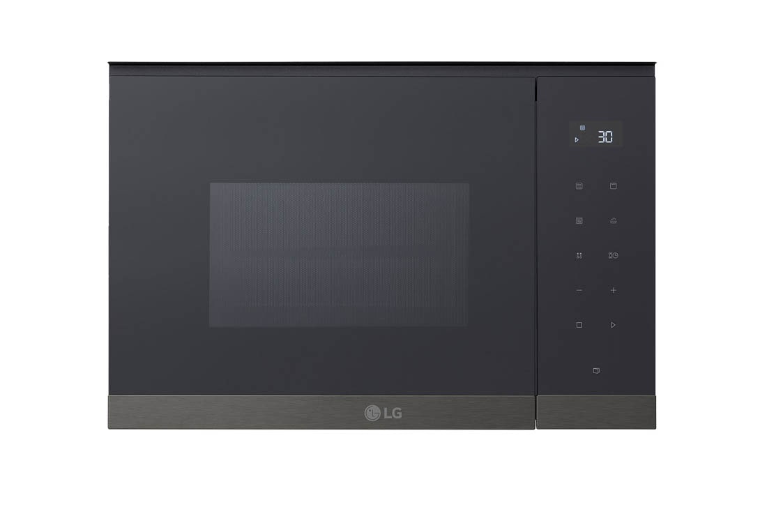 LG 25 liter integrert mikrobølgeovn i matt svart stål med Auto-Cook og grillfunksjon, 900 W, Front, MG7Z2593B