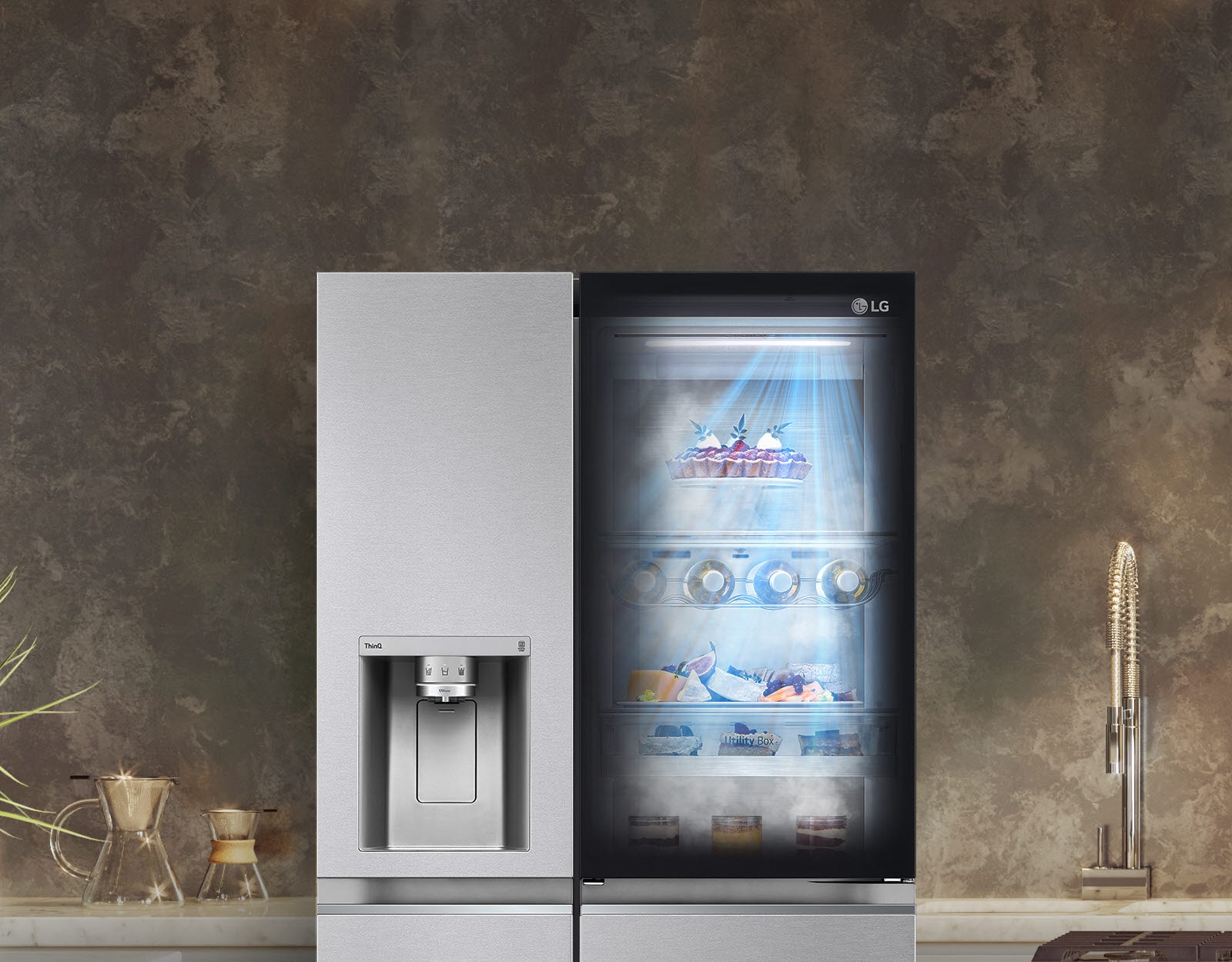 The front view of a black InstaView refrigerator with the light on inside. The contents of the refrigerator can be seen through the InstaView door. Blue rays of light shine down over the contents from the DoorCooling function. 