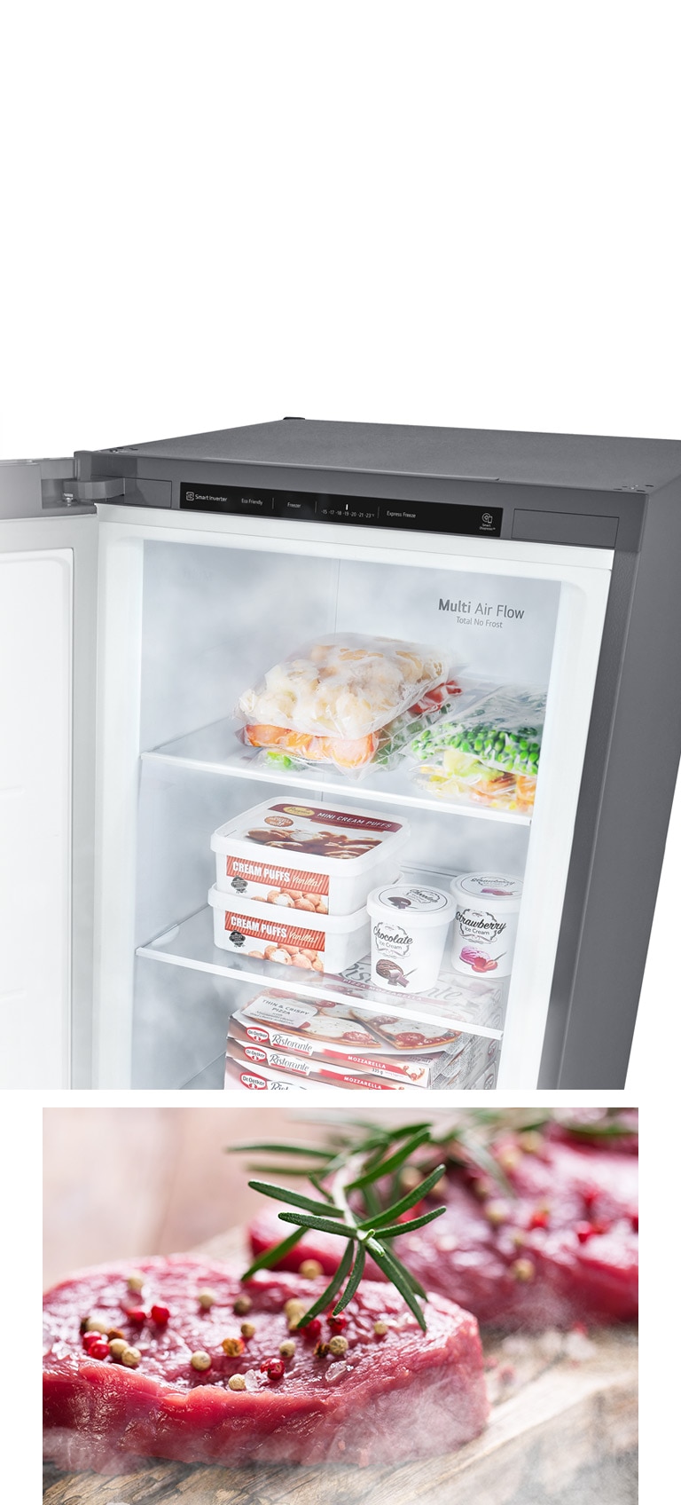 Ett bilde viser en åpen fryser fylt med varer og kald luft som blåser gjennom. Det andre bildet viser ustekt rått kjøtt som er tint og klar til tilberedning.