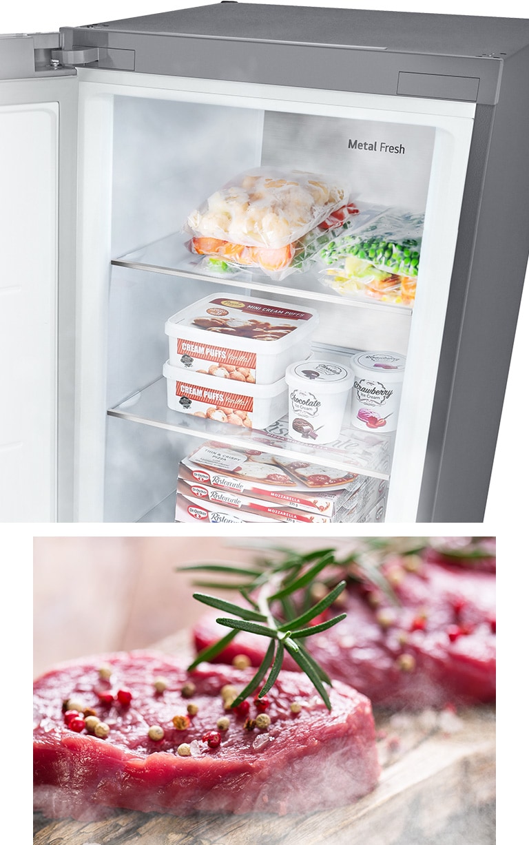 Ett bilde viser en åpen fryser fylt med varer og kald luft som blåser gjennom. Det andre bildet viser ustekt rått kjøtt som er tint og klar til tilberedning.