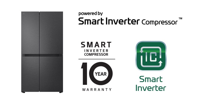 Produktbilde med Smart Inverter Compressor™-logo og 10 års garantilogo.