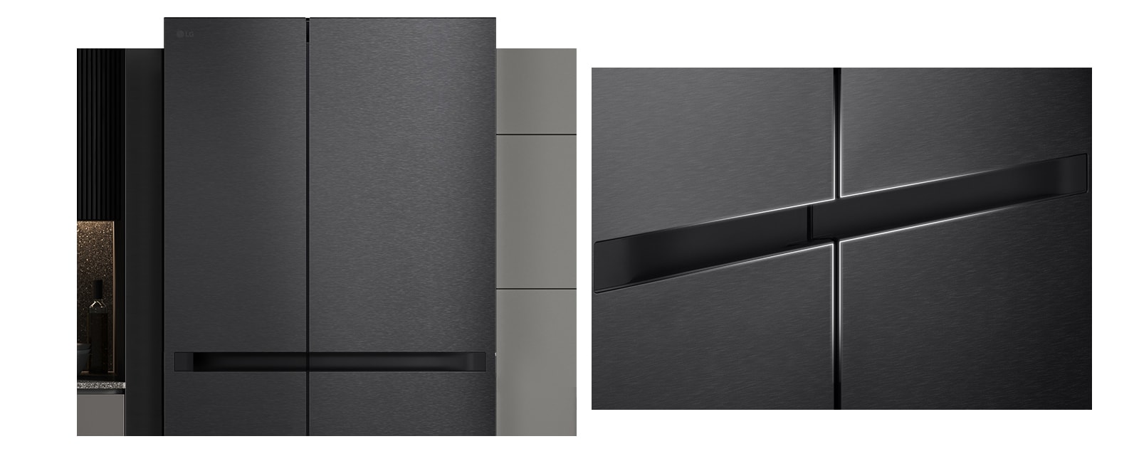 Kjøleskapet med en svart og luksuriøs kjøkkeninnredning ble installert på kjøkkenet for å fremheve det helhetlige produktdesignet.