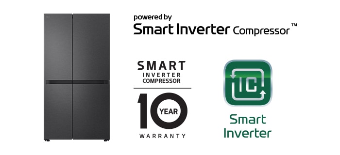 Produktbilde med Smart Inverter Compressor™-logo og 10 års garantilogo.