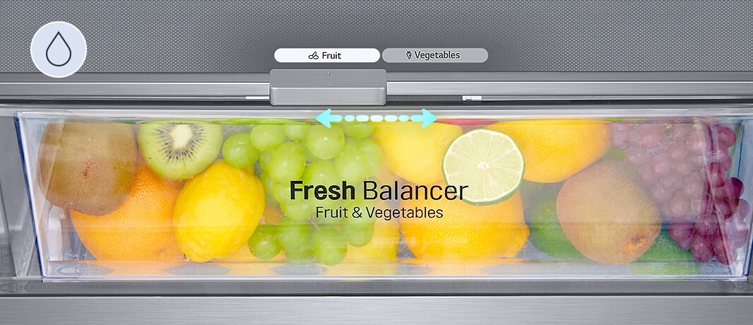 Nærbilde av fresh-regulatoren fylt med frisk frukt, satt på riktig fuktighet for frukt blant frukt- og grønnsaksalternativene.