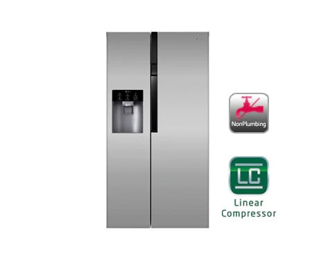 LG side-by-side-skap – med automatisk avriming og Non-plumbing vann- og isdispenser (nettovol. 614 l), GS9366PZYZL