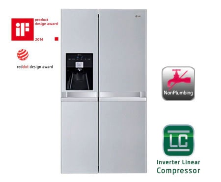 LG side-by-side-skap med automatisk avriming og Non Plumbing isdispenser (nettovolum 540 liter), GSL545NSYZ
