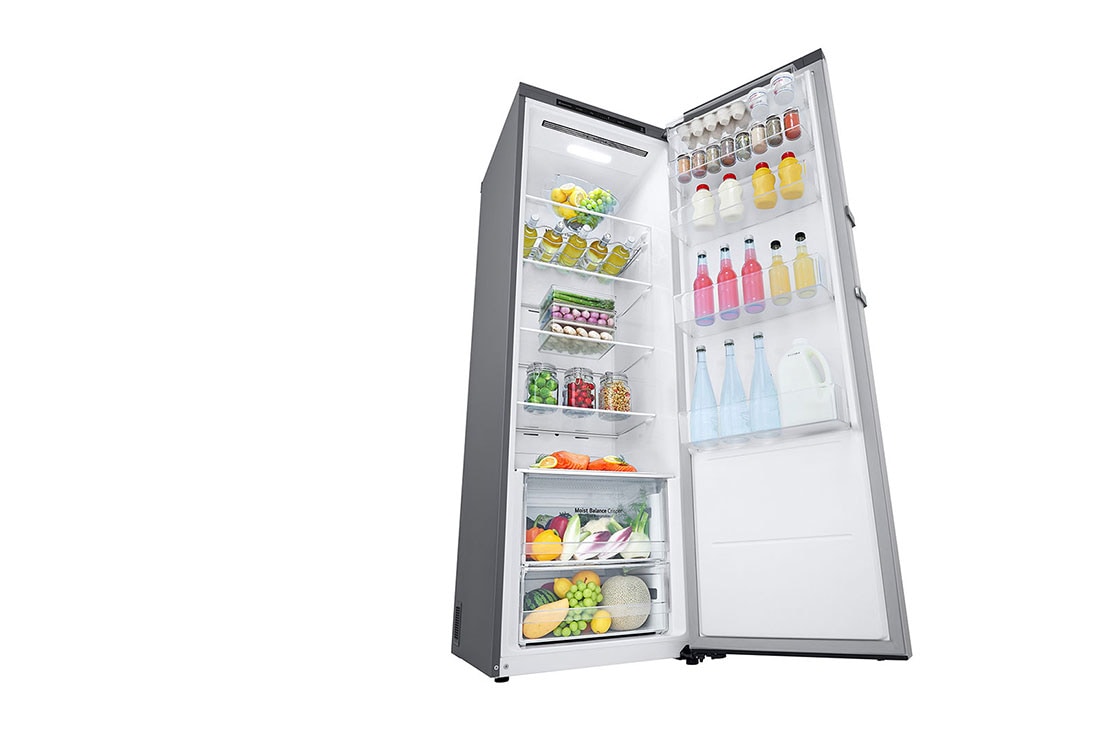 LG 386L Frittstående kjøleskap (Shiny Steel) - Energiklasse E, Door Cooling™, LINEARCooling™, Moist Balance Crisper™, Sett fra venstre, åpent med mat, GLT51PZGSZ, thumbnail 9