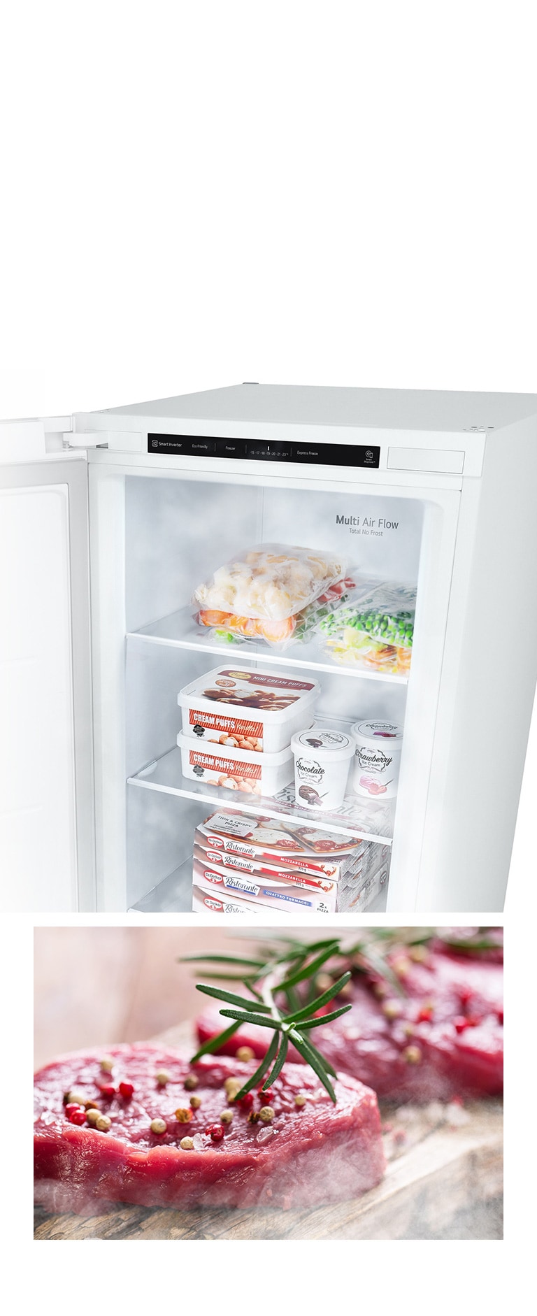 Ett bilde viser en åpen fryser fylt med varer og kald luft som blåser gjennom. Det andre bildet viser ustekt rått kjøtt som er tint og klar til tilberedning.