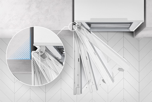 Fryseren vises ovenfra med døren som svinger ut og stopper på fire ulike steder, og et forstørret innlegg av hengslene viser at de kan gå i ett med veggen og aldri berøre den under åpning.