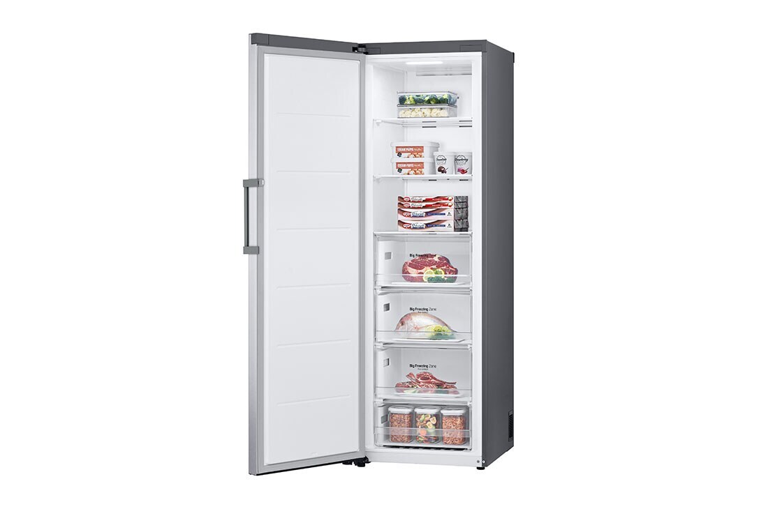 LG 324L Frittstående fryseskap (Shiny Steel) - Energiklasse E, Total No Frost, Express Freeze, Smart Diagnosis™ med Wi-Fi, Høyre side, åpent med mat, GFE41PZGSZ, thumbnail 12