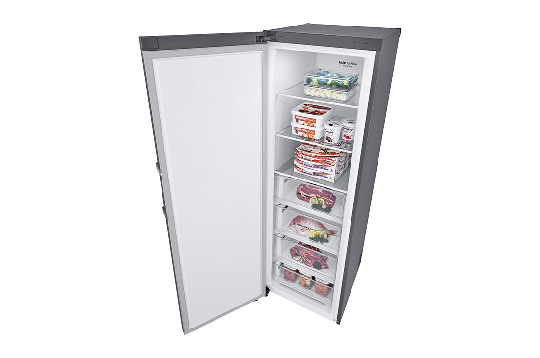 LG 324L Frittstående fryseskap (Shiny Steel) - Energiklasse E, Total No Frost, Express Freeze, Smart Diagnosis™ med Wi-Fi, Fra øverst til høyre, åpent med mat, GFE41PZGSZ, thumbnail 14