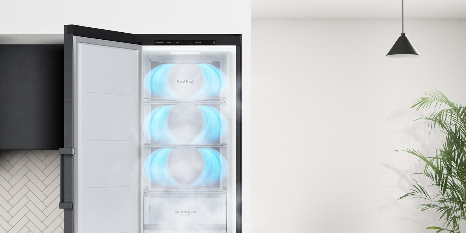 Fryseren vises med døren som åpnes utover. Blå luft blåser fra toppen av hver seksjon for å omringe maten på innsiden helt.