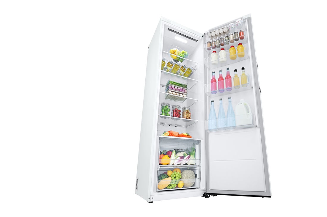 LG 386L Frittstående kjøleskap (Hvit) - Energiklasse E, Door Cooling™, LINEARCooling™, Moist Balance Crisper ™,  Smart Diagnosis™ med Wi-Fi, Sett fra venstre, åpent med mat, GLE51SWGSZ, thumbnail 9