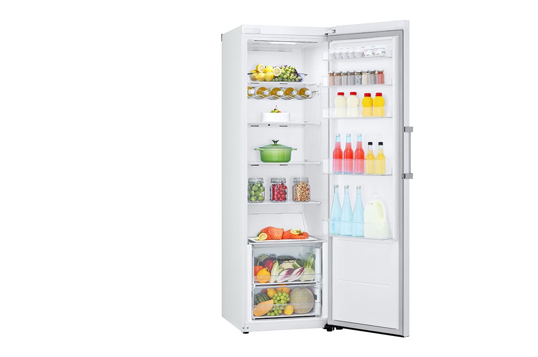 LG 386L Frittstående kjøleskap (Hvit) - Energiklasse E, Door Cooling™, LINEARCooling™, Moist Balance Crisper ™,  Smart Diagnosis™ med Wi-Fi, Venstre side, åpent med mat, GLE51SWGSZ, thumbnail 11