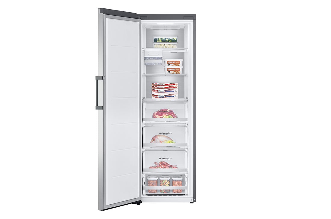 LG 324L Frittstående fryseskap (Shiny Steel) - Energiklasse E, Total No Frost, Express Freeze, Smart Diagnosis™ med Wi-Fi, Front, åpent, GFE61PZCSZ, thumbnail 2