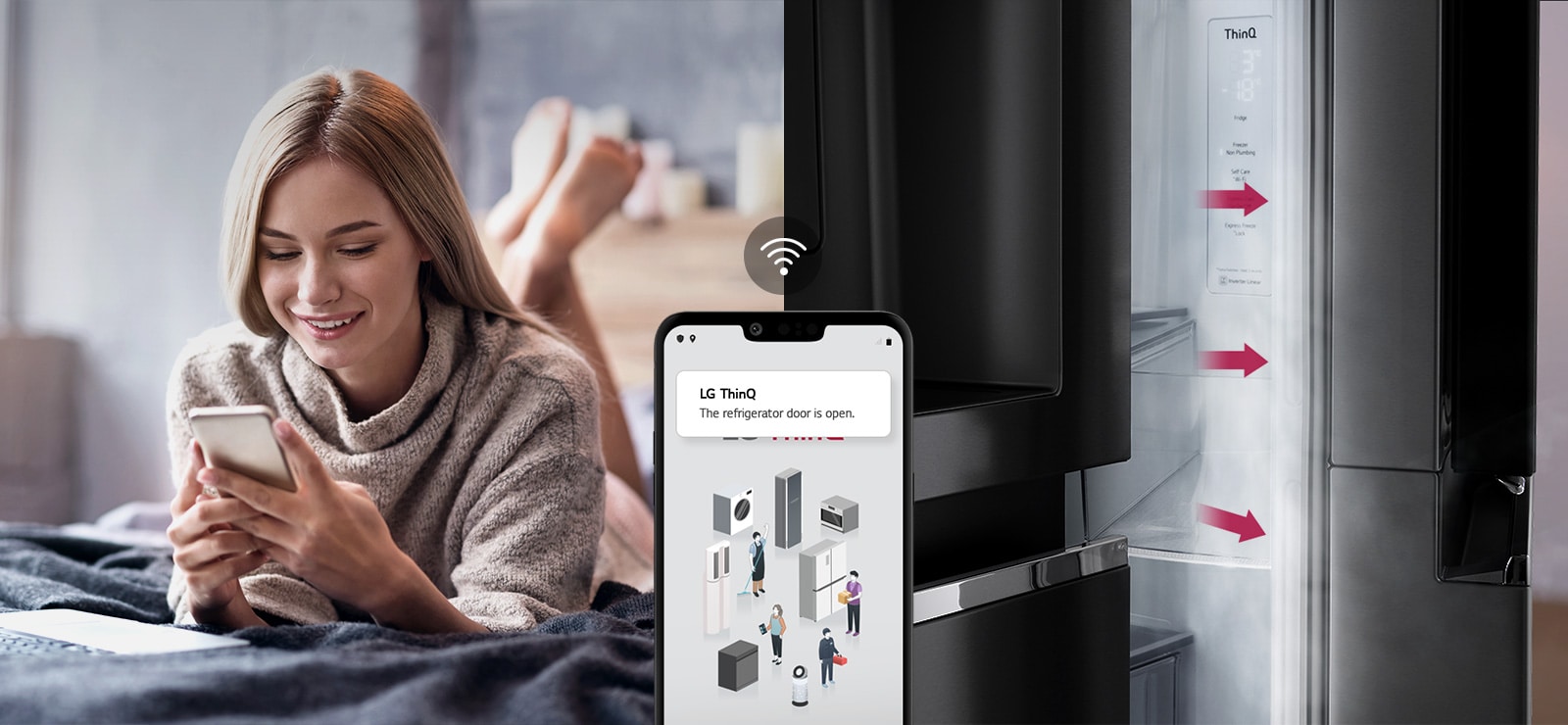 A woman lounges on a bed looking at her phone screen on one image. The second image shows that the refrigerator door has been left open. In the foreground of the two images is the phone screen which shows the LG ThinQ app notifications and the Wifi icon above the phone.
