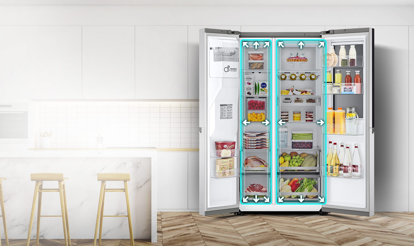 A video begins with the front view of the refrigerator with both doors wide open. The interior spaces are outlined in a neon lines and arrows begin to push the lines out to show that there is now more space inside. The neon square around the interior spaces flashes to show the difference between the new space and the old smaller space which is now outlined in a dotted white line.