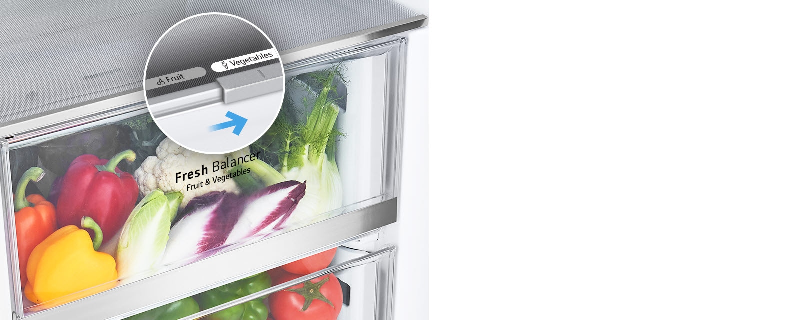 Kjøleskapets nedre skuffer er fylt med fargerike, ferske ingredienser. Et innfelt bilde forstørrer kontrollspaken for å velge det optimale fuktighetsnivået for å holde produktene friske.
