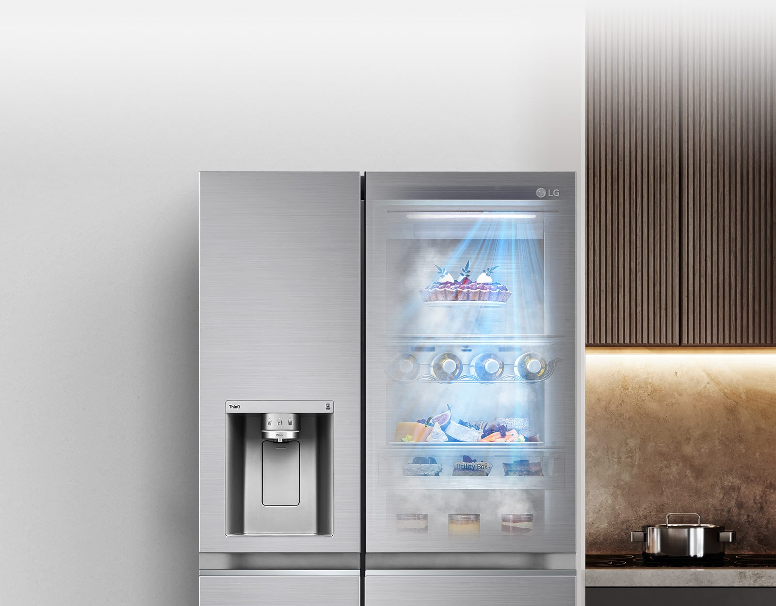 The front view of a  refrigerator with the light on inside. The contents of the refrigerator can be seen through the InstaView door. Blue rays of light shine down over the contents from the DoorCooling function. 