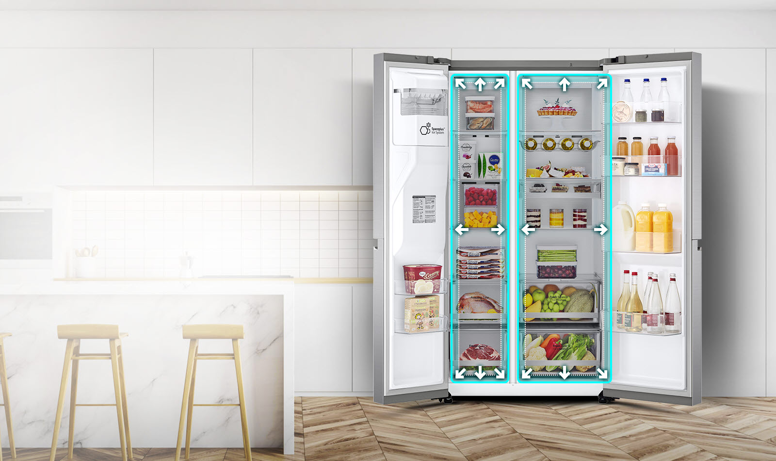 A video begins with the front view of the refrigerator with both doors wide open. The interior spaces are outlined in a neon lines and arrows begin to push the lines out to show that there is now more space inside. The neon square around the interior spaces flashes to show the difference between the new space and the old smaller space which is now outlined in a dotted white line.