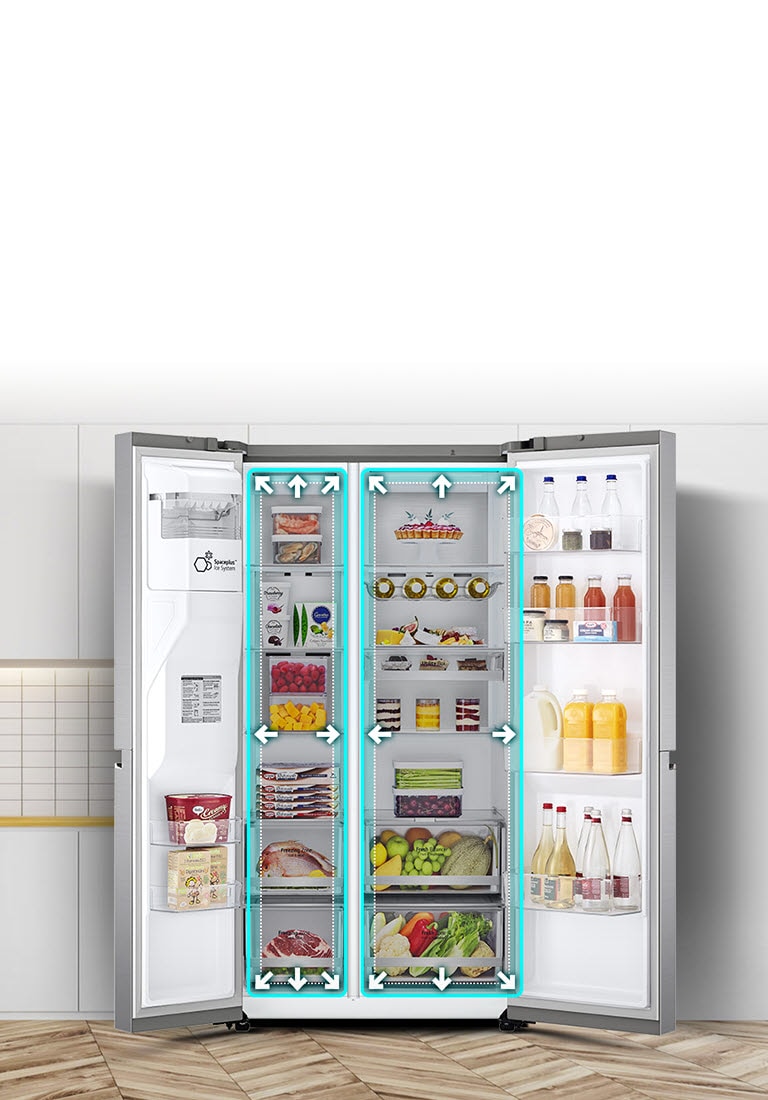 A video begins with the front view of the refrigerator with both doors wide open. The interior spaces are outlined in a neon lines and arrows begin to push the lines out to show that there is now more space inside. The neon square around the interior spaces flashes to show the difference between the new space and the old smaller space which is now outlined in a dotted white line.