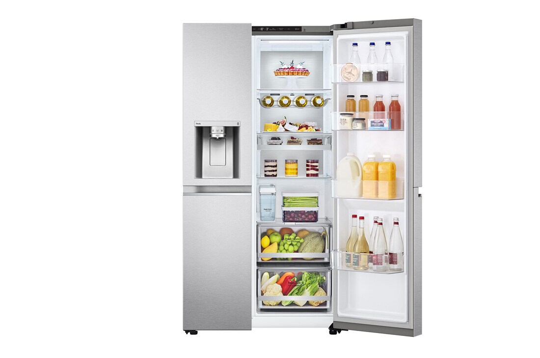 LG 635L Side by Side (Metal Sorbet), Energiklasse C, Vann/isdispenser uten vanntilkobling, Smart Diagnosis™ med Wi-Fi, Front view with right side door open, GSLV91MBAC, thumbnail 2