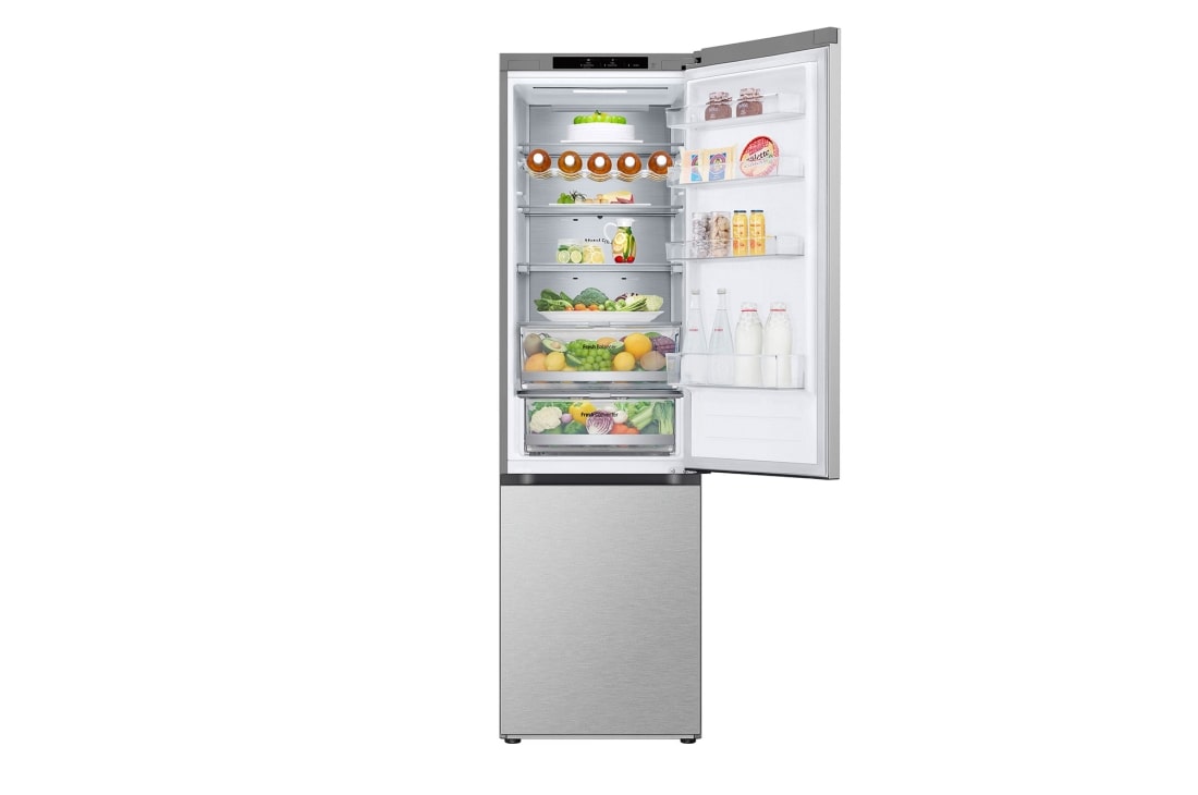 LG 2.03M 387L Kombiskap(Metal Sorbet ) - Energiklasse A, Nature Fresh, Door Cooling+™ og Smart Diagnosis™, front view with top door open with food, GBV7280AMB, thumbnail 4