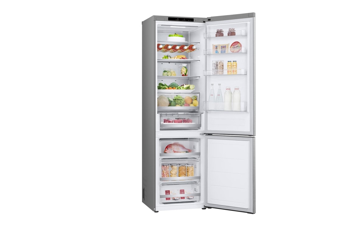 LG 2.03M 387L Kombiskap(Metal Sorbet ) - Energiklasse A, Nature Fresh, Door Cooling+™ og Smart Diagnosis™, Left view door open with food, GBV7280AMB, thumbnail 12