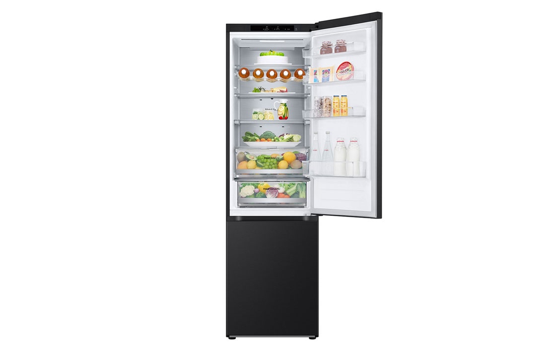 LG 2.03M 387L Kombiskap(Essence Black Steel ) - Energiklasse A, Nature Fresh, Door Cooling+™ og Smart Diagnosis™, front view top open with food, GBV7280AEV, thumbnail 4