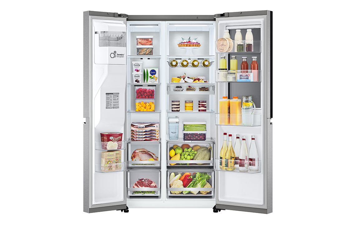 LG 635L InstaView Door in Door™ Side by Side (Metal Sorbet), Energiklasse E, Vann/isdispenser uten vanntilkobling, Smart Diagnosis™ med Wi-Fi, front view with door open with food , GSXV91MBAE, thumbnail 5
