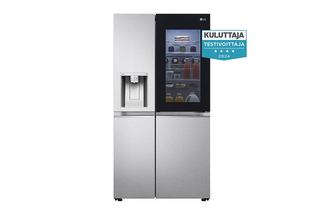 LG 635L InstaView Door in Door™ Side by Side (Metal Sorbet), Energiklasse E, Vann/isdispenser uten vanntilkobling, Smart Diagnosis™ med Wi-Fi, front view with light with award logo, GSXV91MBAE