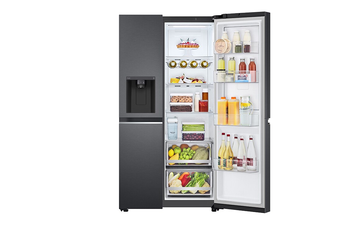 LG 635L Door in Door™ Side by Side (Matte Black Stainless Steel), Energiklasse E, Vann/isdispenser uten vanntilkobling, Smart Diagnosis™ med Wi-Fi, Front Right Open with food, GSJV71MCLE, thumbnail 11