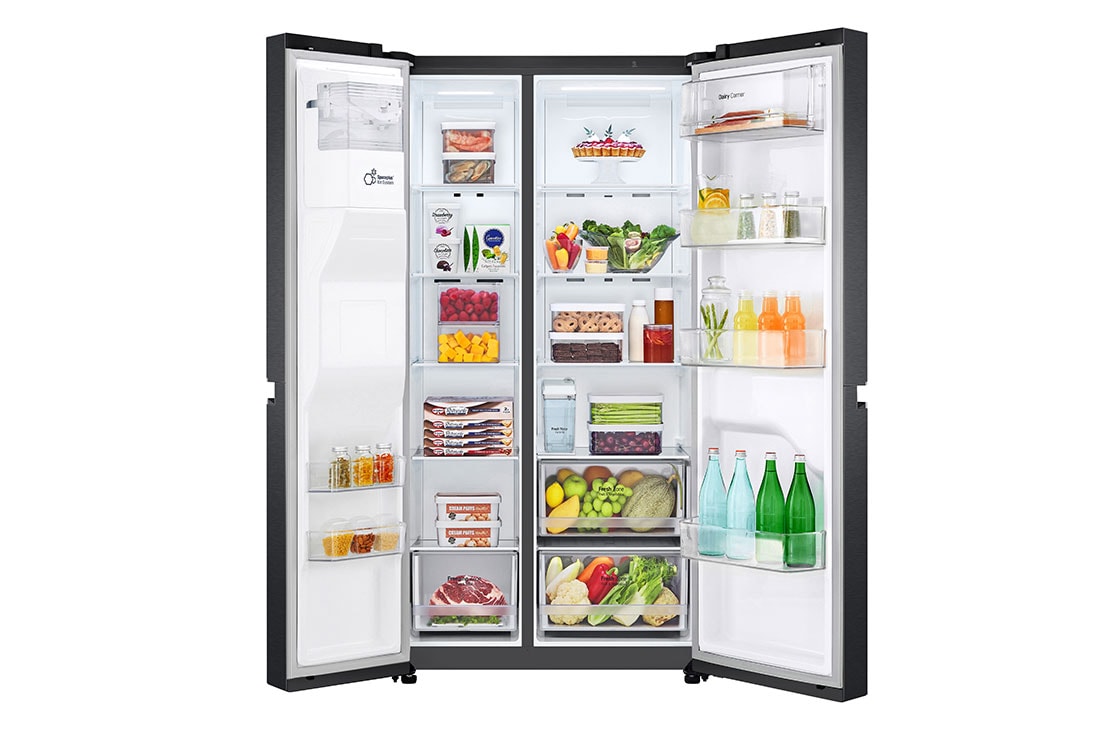 LG 634L Side by Side (Matte Black Stainless Steel), Energiklasse F, Vann/isdispenser uten vanntilkobling, Smart Diagnosis™, front door open with content, GSLV31MCXM, thumbnail 3