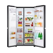LG 634L Side by Side (Matte Black Stainless Steel), Energiklasse F, Vann/isdispenser uten vanntilkobling, Smart Diagnosis™, front door open with content, GSLV31MCXM, thumbnail 3