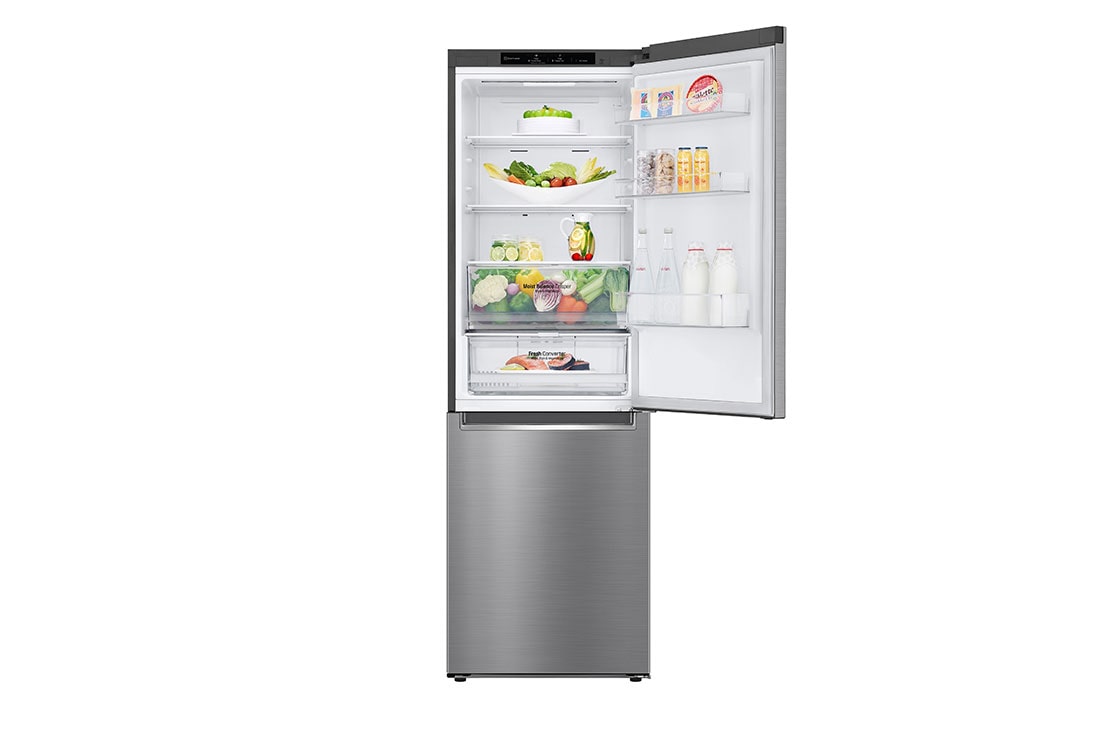 LG 1.86M 341L Kombiskap(Shiny Steel) - Energiklasse D, Nature Fresh, Door Cooling+™ og Smart Diagnosis™, full visning toppdør åpen med mat, GBB61PZGGN, thumbnail 4
