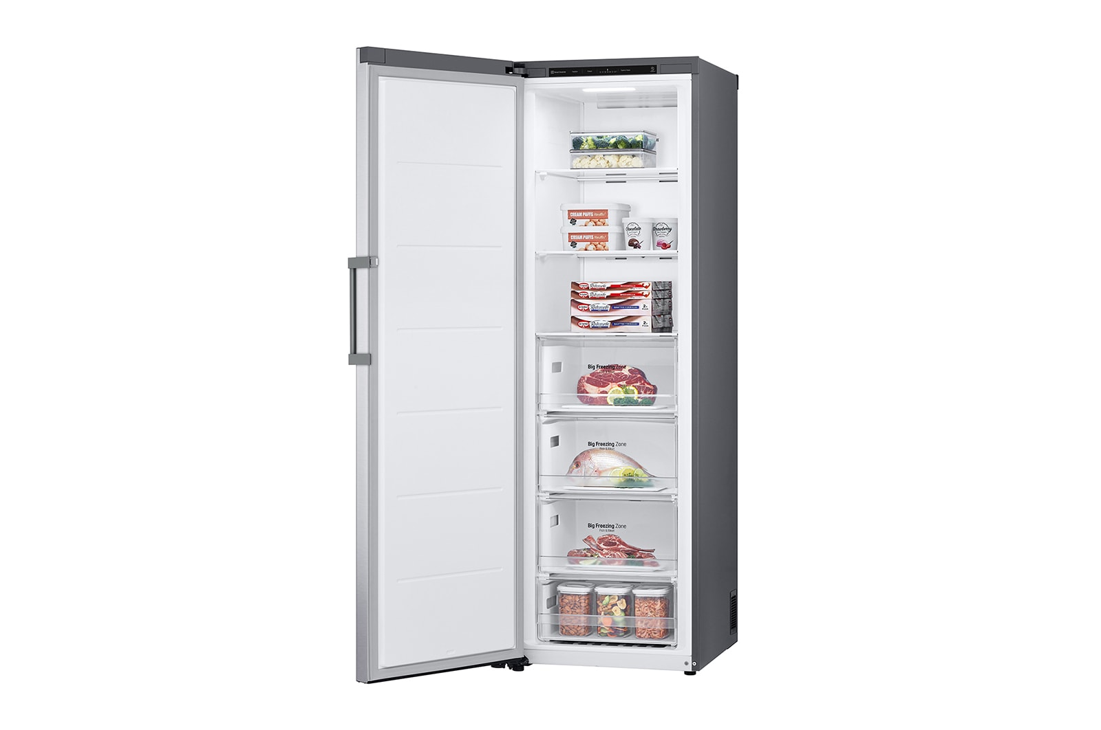 LG 324L Frittstående fryseskap (Shiny Steel) - Energiklasse D, Total No Frost, Express Freeze, Høyre side, åpent med mat, GFT41PZGSF, thumbnail 12