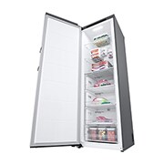 LG 324L Frittstående fryseskap (Shiny Steel) - Energiklasse D, Total No Frost, Express Freeze, Sett fra høyre, åpent med mat, GFT41PZGSF, thumbnail 9