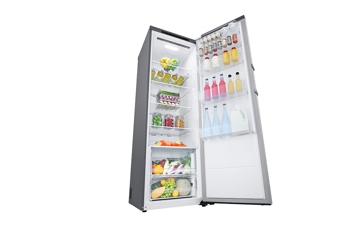 LG 386L Frittstående kjøleskap (Shiny Steel) - Energiklasse D, Door Cooling™, LINEARCooling™, Moist Balance Crisper™, Left Perspective door Open with Food view, GLT51PZGSF, thumbnail 11