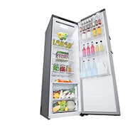 LG 386L Frittstående kjøleskap (Shiny Steel) - Energiklasse D, Door Cooling™, LINEARCooling™, Moist Balance Crisper™, Left Perspective door Open with Food view, GLT51PZGSF, thumbnail 11